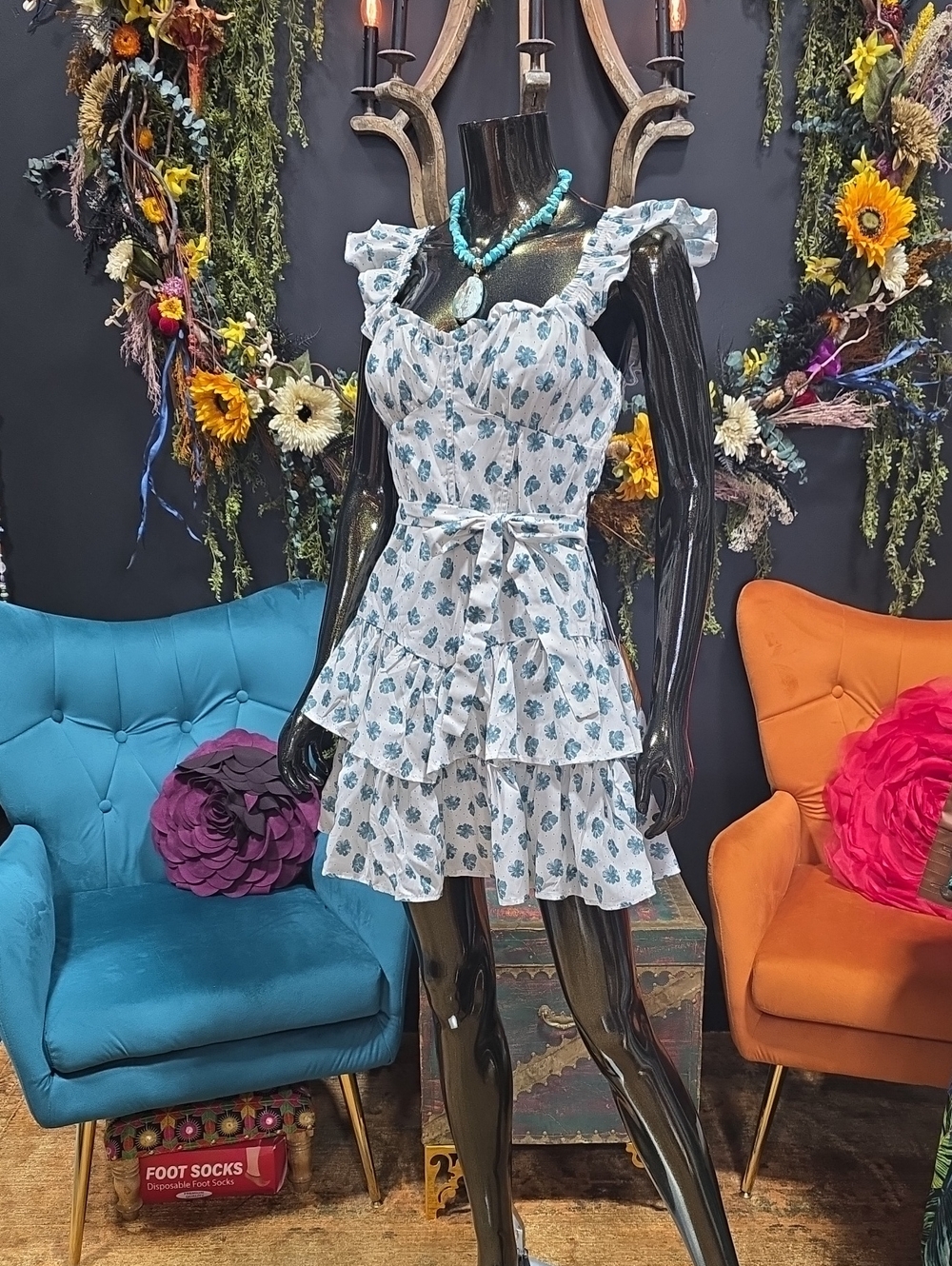 Crystal Doll Blue Floral Ruffle Tiered Mini Dress